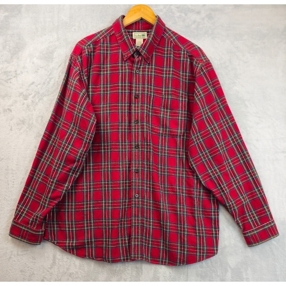 LL Bean Red Green Scotch Plaid Mens XL Flannel Long Sleeve Shirt Chest Pocket
